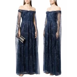 Marchesa Notte Tulle Overlay Cape Embellished Gown Blue Size 0